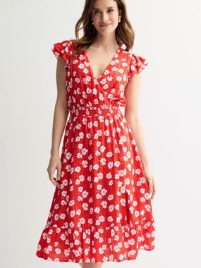 Draper James Flutter Sleeve Surplice Red Floral Checkered Midi Dress Cottagecore